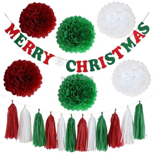 Red&Green Merry Christmas Banner Tissue Paper Pom Pom Flower Ball Tassel Garland with Latex Balloon for Party Decorations