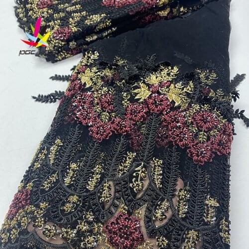 Black Beads Lace Fabric Newest Embroidered Tulle Fabric with Beads Handmade Pearls for Women Dresses Beaded Lace Fabric XZ2850B