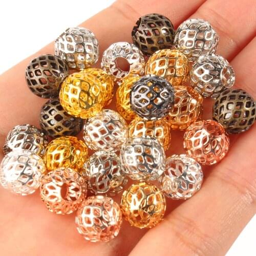 10pcs/lot Mesh Net Spacer Metal Beads Fashion Gold Silver Color Round Shape for DIY Bracelet Jewelry Making Accessories 9x10mm
