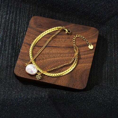 Acheerup Fashion Stainless Steel Bracelets for Women Girls Irregular Pearl Double Layers Bangle Gold Jewelry Birthday Friendship