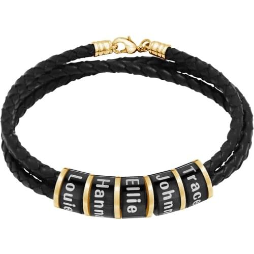 Personalized Braided Leather Bracelet Men Stainless Steel Custom Name Beads Bracelets Family Gift