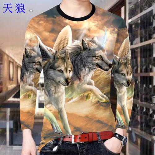 Mens long-sleeved casual t-shirt plus size bottoming shirt 3d beauty and animal wolf pattern mens shirt