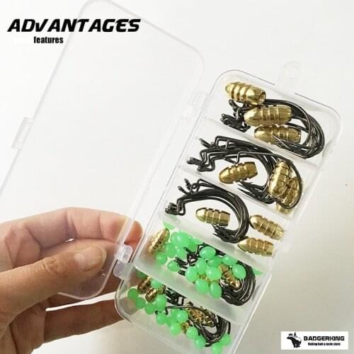 Carolina rig fishing hook tackle set box with Wide gap fishhooks and copper bullet weight beads tackle set for fishing