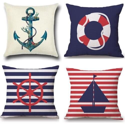 Set of 4 Nautical Throw Pillow Covers Cotton Linen Decorative Pillow Covers Navy Cushion Covers Pillow Cases 18x18 inch