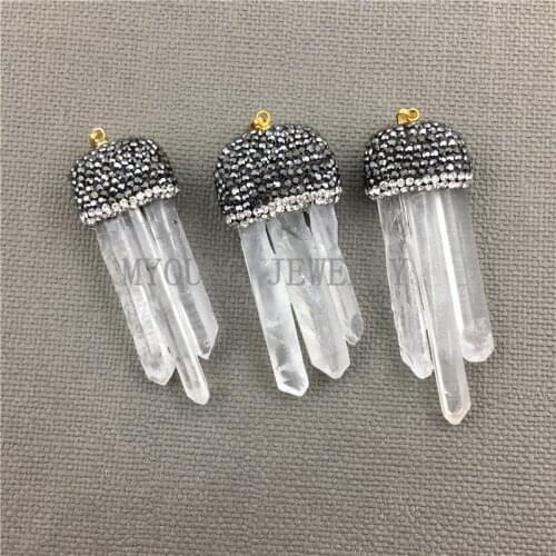 MY0478 Natural Clear Crystal Pillar Point Pendant Charm,with Paved Black Rhinestone Cap Spike Necklace Making Pendant
