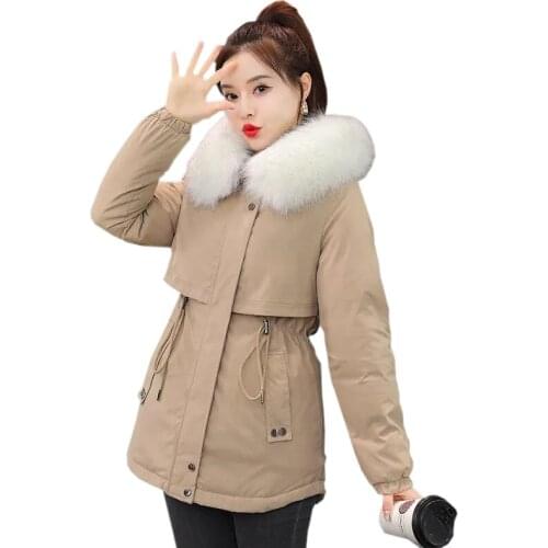 Womens Parkas Winter Cotton Down Padded Jacket Casual Coat Zipper Big Fur Collar Pocket Jacket Female Thick Warm Hooded Outwear