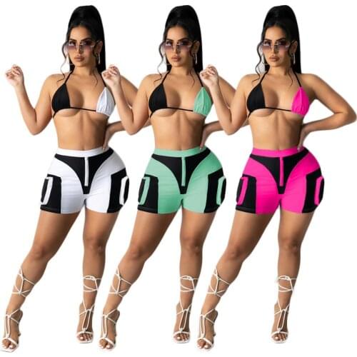 Sexy Fashion Geometry Print Bikinis Swimsuits Halter Bra Shorts Swimming Bathing Suit Beach Holiday Outdoor Swimwear Outfits