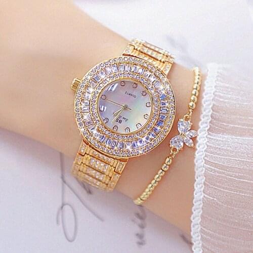 Bs Luxury Gold Fashion Ladies Watch Reloj Mujer Womens Quartz Wristwatch Rhinestone Stainless Steel Watch Woman Rose Gold Watch