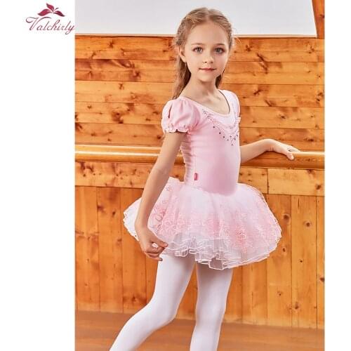 Pink Short Sleeves Girls Ballet Tutu Dress Dancewear Costumes Ballet Dance for kids Embroidery Skirt