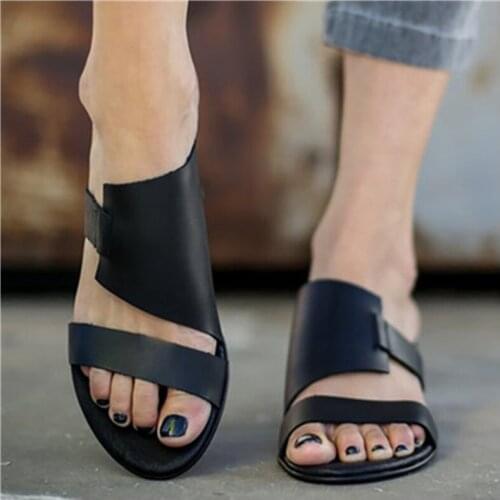 Pu leather sandals woman fashion slippers summer shoes woman flats heel beach sandals ladies flip flops black gray casual shoes