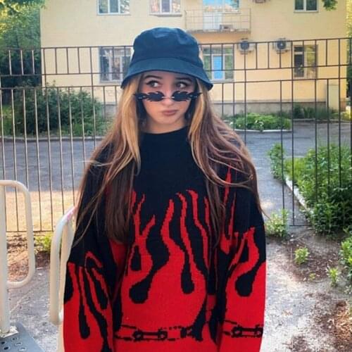 Purple Vintage Hip Hop Flame Oversized Sweaters Women Harajuku Teens Girls Loose Casual Long Sleeve Warm Winter Tops Plus Size