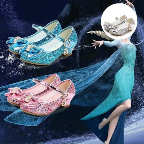 Princess Girls Leather Shoes Flower Fashion Glitter Children Low Heel Shoes 4-14 Year Kids Butterfly Knot Blue Pink Silver