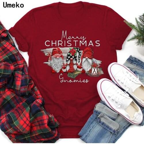 Umeko Funny Dwarf Cute Clothing Merry Christmas Tee for Women 2021 Summer Lady Cartoon Print Tshirt Top Graphic Female T T-shirt