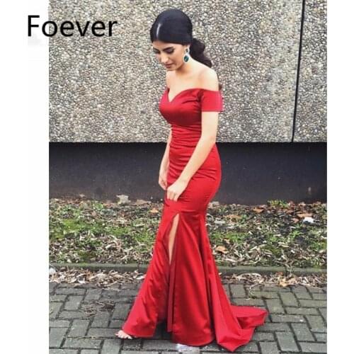 2019 Mermaid Off theShoulder Evening Dresses Long Elastic Satin Zipper Short Sleeve Prom Gown Red Formal Evening Dress