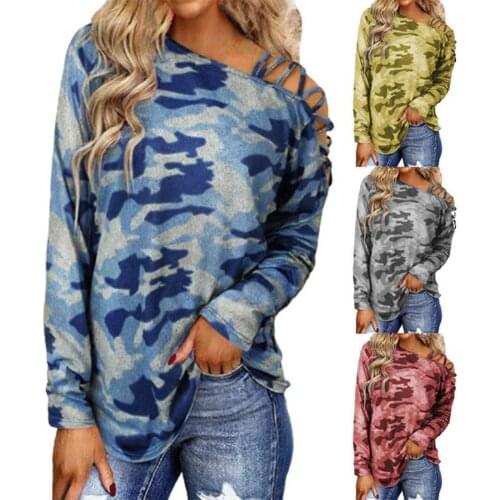 Women Fashion Casual Long Sleeve Shirt Oblique Shoulder Crossed Straps Camouflage Printed Women Top for Streetwear Daily