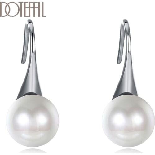 DOTEFFIL 925 Sterling Silver High Quality Pearls Earrings Charm Women Jewelry Fashion Wedding Engagement Party Gift