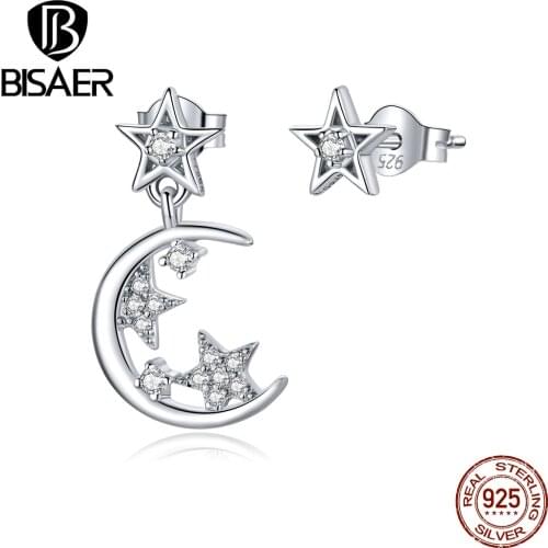 Moon Star Earrings BISAER Authentic 925 Sterling Silver Cubic Zircon Moon And Star Drop Earrings for Women Luxury Jewelry ECE813
