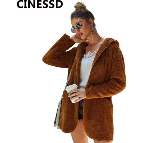 CINESSD Women Hooded Coat Thicken Flocking Jacket Solid Long Sleeves Autumn Winter Cotton Cashmere Cardigan Pocket Casual Coat