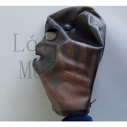 Womens transparent black Fetish latex catsuit hood open eyes & nostrils & mouth with back zip decorations