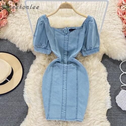 2021 Women Summer Fashion Jeans Clothing Solid Color Short Sleeve Square Collar Slim High Quality Denim Mini Dress