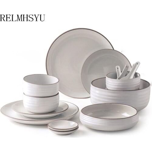 1PC RELMHSYU Japanese Style Ceramic Rice Spoon Noodle Soup Big Bowl Round Steak Salad Plate Dish Personalized Dinnerware Set