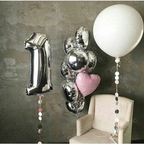 11pcs/lot Large Size 40inch silver round Foil Number 1 Balloon figures with 36inch white latex ball birthday party Decor Globos