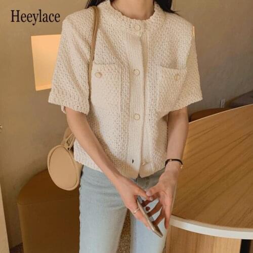 2021 Tops Korean Style Round Neck Chic Single-Breasted Loose Small Fragrant Short-Sleeved Sweater Coat Cardigan Top Women
