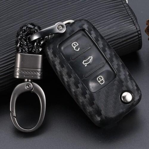 Carbon Fiber TPU Key Case Cover Fit for Volkswagen Bora Tiguan Passat B5 B6 Key Cover Case Key Chain Keyring