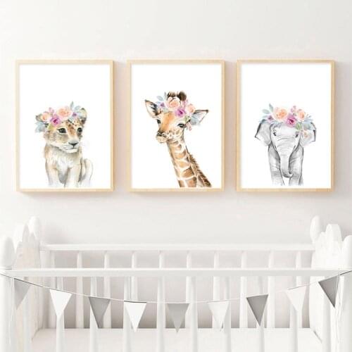 Floral Safari Animal Lion Elephant Canvas Painting Nursery Poster Print Wall Art Pictures Nordic Kids Baby Bedroom Decoration