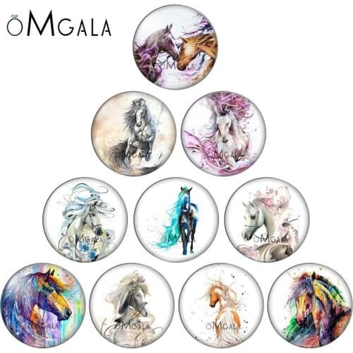 Watercolorful Painting Horse Photos 10pcs mixed 12mm/18mm/20mm/25mm Round photo glass cabochon demo flat back Making findings