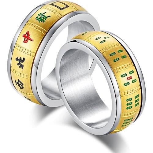 Hot Mahjong Lucky Ring Gold Silver Color Stainless Steel Rotatable Rings Quality Spin Ring Chinese Style Jewelry
