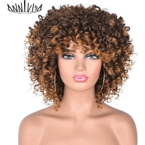 Short Hair Afro Kinky Curly Wig Synthetic Wigs With Bangs For Black Women Ombre Cosplay Blonde Mixed Brown Heat Resistant Hair