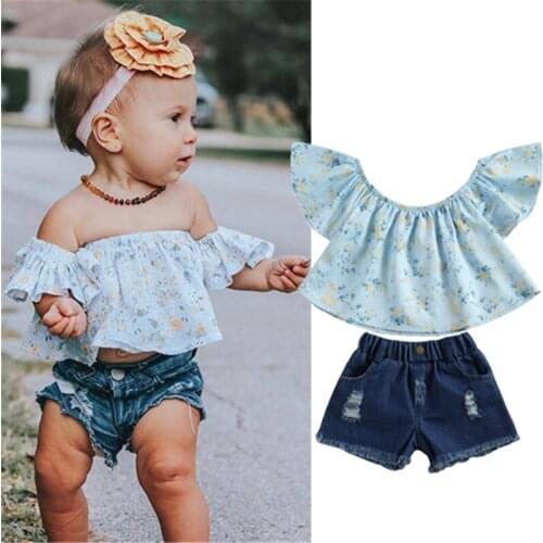 2Pcs Kid Baby Girls Summer Clothing Off Shoulder Floral Print Crop Tops + Denim Ripped Hole Shorts Children Clothes Sets 2-6 Y