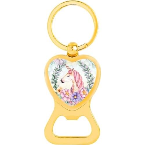 Kawaii Unicorn Heart Bottle Opener Cute Horse Flower Glass Keychains Key Chain Gold Silver Color Keyring For Women Men