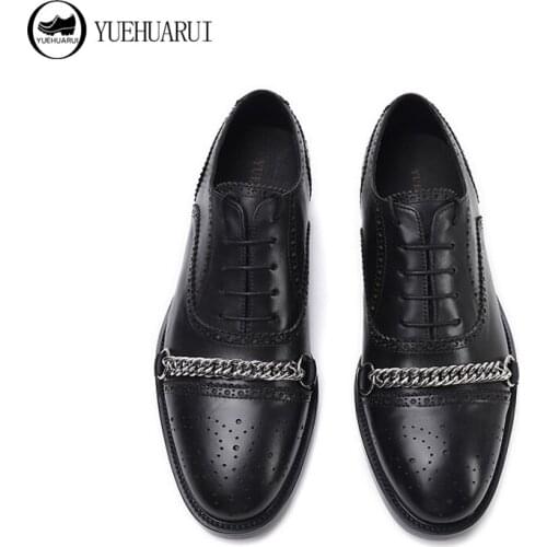 New lace-up Brock mens metal chain cowhide trend Joker British fashion business casual mens shoes