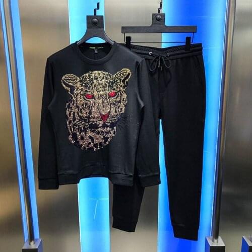 Mens Autumn Winter Domineering Design Track Suit Brand Diamond Leopard Shiny Sets Thickened Sweatshirt