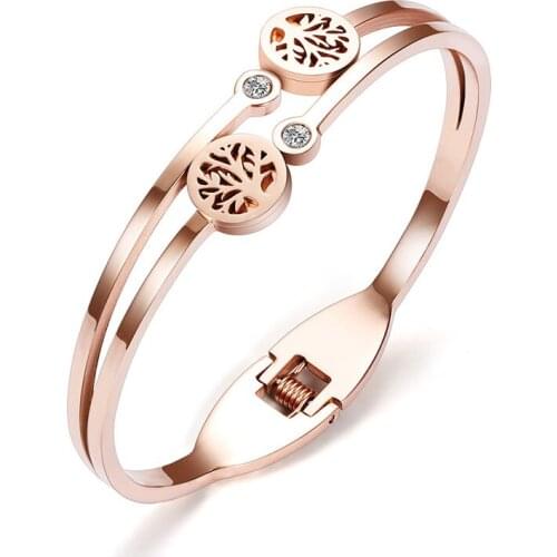 New Fashion Simple Open Double Tree of Life Zircon Titanium Stainless Steel Bracelet Bangle For Women