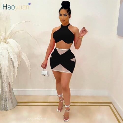 HAOYUAN Mesh Sheer Two Piece Set Off Shoulder Crop Top Mini Skirt Summer Festival Clothes Y2k Outfits Club Matching Dress Sets