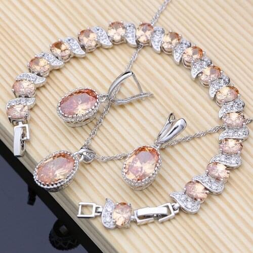 Champagne Cubic Zirconia Jewelry Sets 925 Silver Bridal Jewelry For Women Earrings Stone PendantNecklace Set