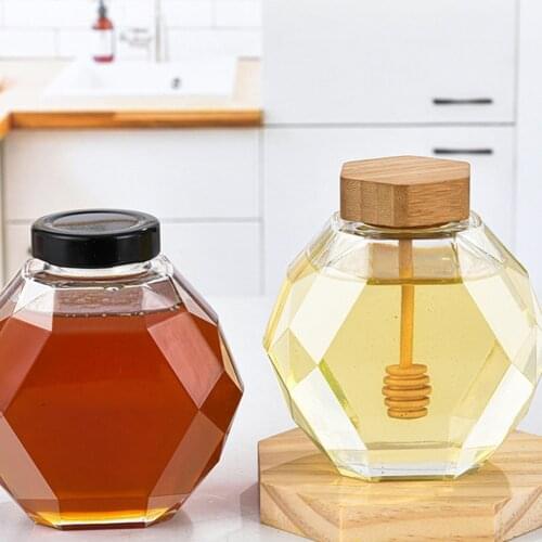 Hexagonal Glass Honey Bottle with Wooden Stirring Rod Honey Pot Lid Kitchen Gadget