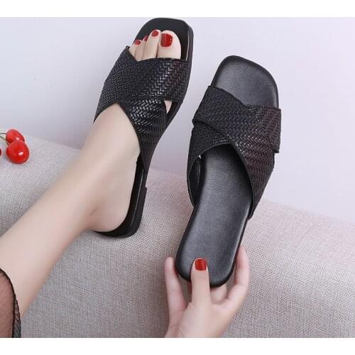 Dropshipping Pu Leather Summer Women Slippers Female Slides Women Flat Summers Shoes Solid Ladies Flip Flops Plus Size 35-42