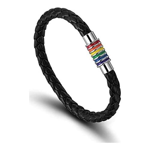 Wollet Titanium Stainless Steel Magnet Rainbow Pride Handmade Braided Bracelet PU Leather Weave Plaited Jewelry
