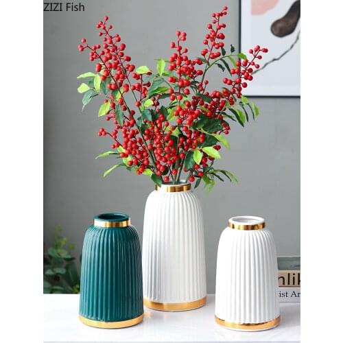 Modern Luxury Gilded Ceramic Vase Simulation Flower Dried Flower Striped Vase Living Room Countertop Decoration Art Wedding Gift