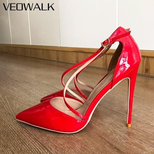 Veowalk Glossy Red Women Cross Strap Pointed Toe Stiletto Pumps Sexy Ladies Classic High Heel Party Dress Shoes 8cm 10cm 12cm