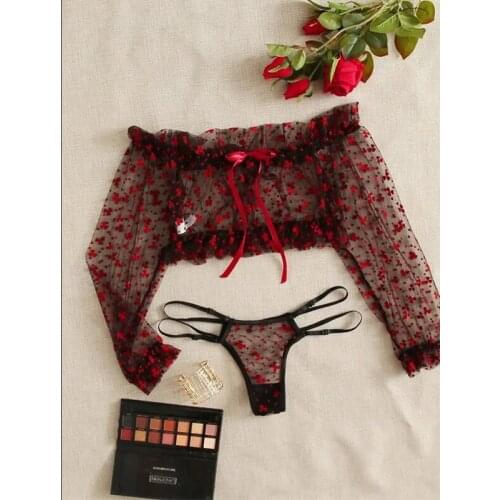 Ladies Sexy Lingerie Printing Lace Mesh 3D See-through Top Exposed Buttocks Hollow Strapless Long Sleeve Thong Pajamas Two-piece