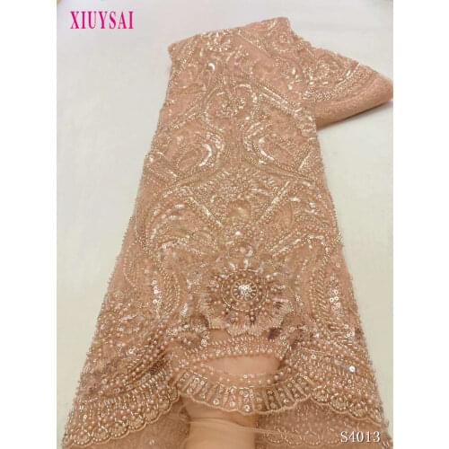 Gold and Rose Pink Heavy Luxury bead Embroidery Tulle French Party Wedding Gown Sequins Lace Fabric Nigerian Big Occasional Wear