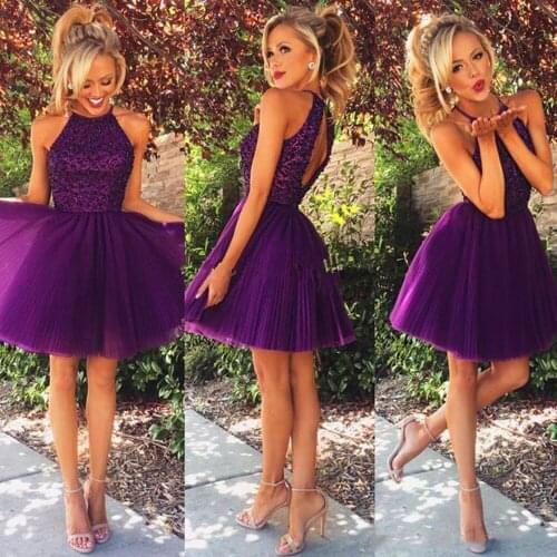 2019 Vestidos de Graduacion Halter Backless Purple Short Prom Dresses Tulle Homecoming Dresses Elegant Party Dress