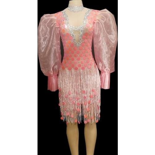 2019 Spring Pink Sequins Tassel Dress Womens Birthday Celebrate Party Dress Female Mesh Sleeves Mini Dress Club Dance Costume