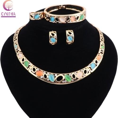 African Beads Jewelry Sets For Women Crystal Necklace Earrings Bracelet Ring Gold Color Wedding Dress Accessories