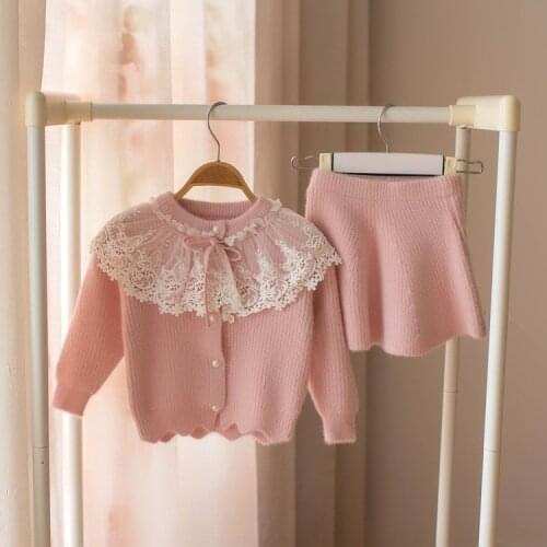 Children Winter Knitted Clothing Sets Lace Collar Sweater Skirt 2pcs Baby Girls Princess Outfits Soft Cute Suits 1-5Y #0114